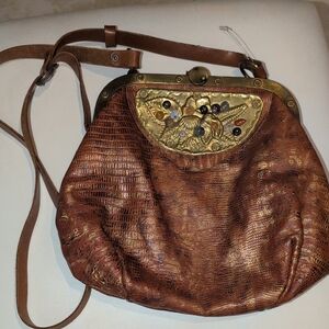 Artisan Brown Leather Shoulder Bag with Gold Details